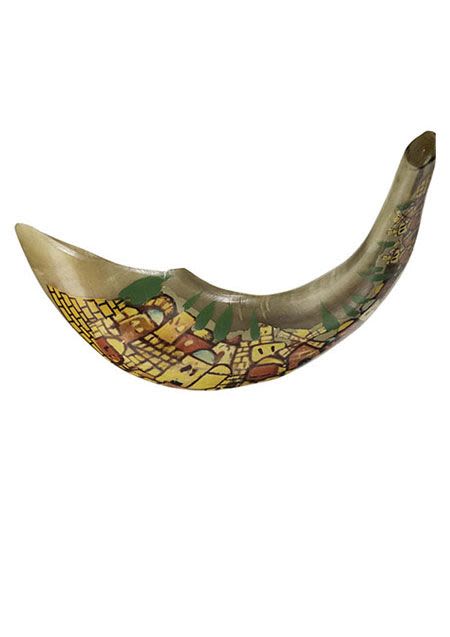 Shofar painted with a picture of Jerusalem - not kosher for blowing