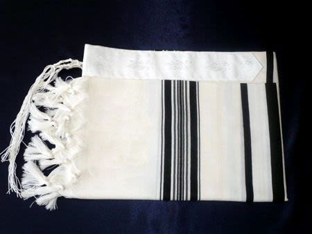 Large Tallit Black Stripe Thick White Thread - Size 60 (M)