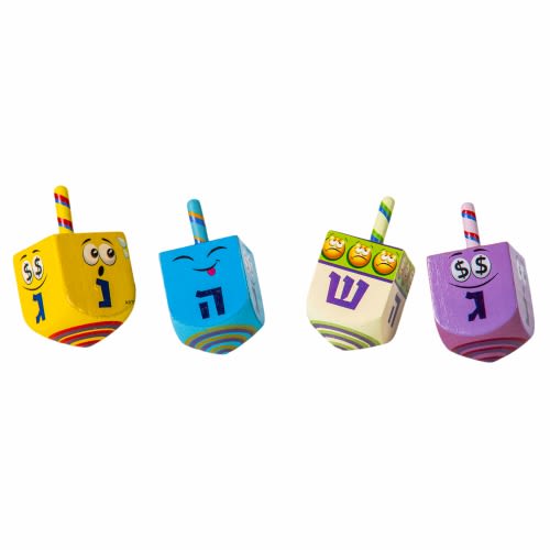 Dreidel from Wood with Colorfully Inscribed Hebrew Letters