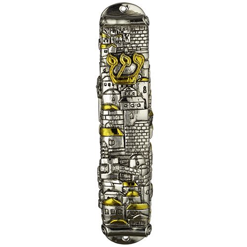 Mezuzah from Polyresin with Jerusalem Skyline in Silver and Gold Colors
