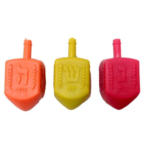 Plastic Multi-colored Dreidels with ב - ג- ה- ש