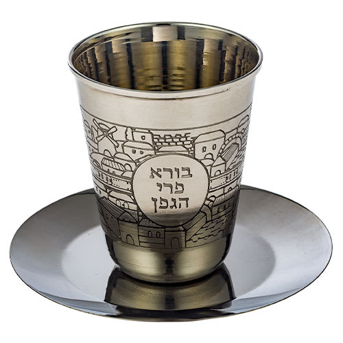 Crystal Glass Stem Kiddush Cup and Tray - Decorative Crushed Clear Stones